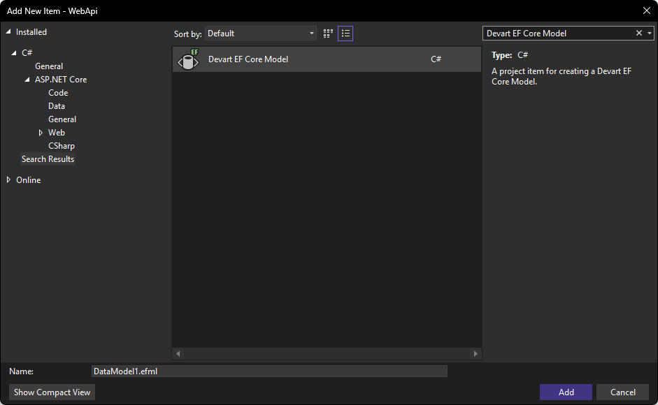Devart Add New Item UI