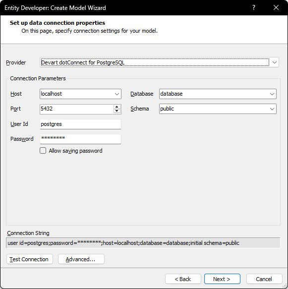 Devart Database First Connect UI