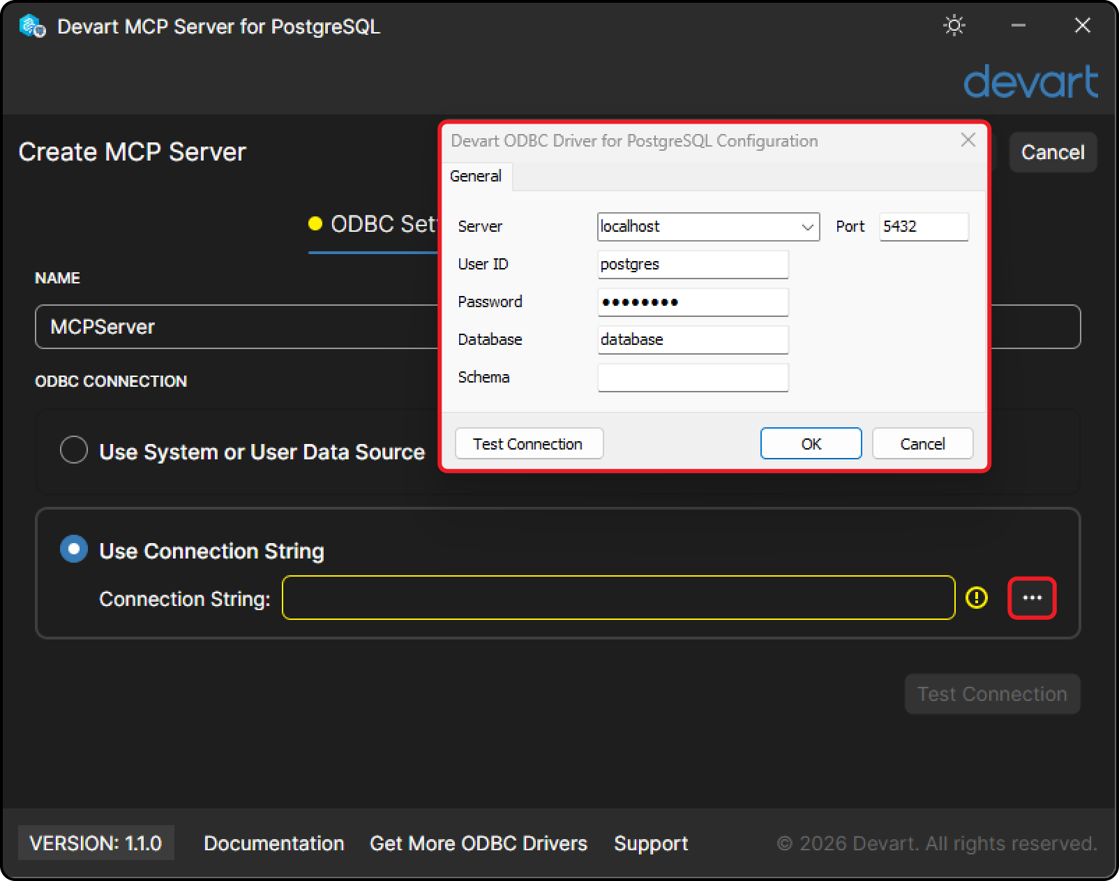 Devart MCP Server connection dialog for PostgreSQL