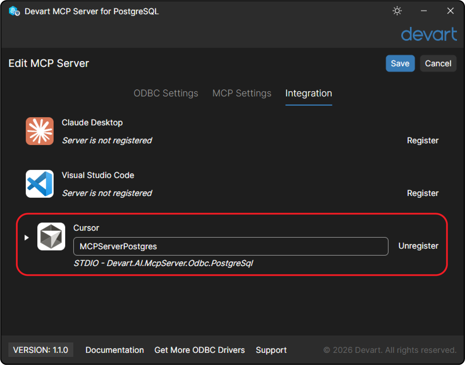 Devart MCP Server integration tab with Cursor selected