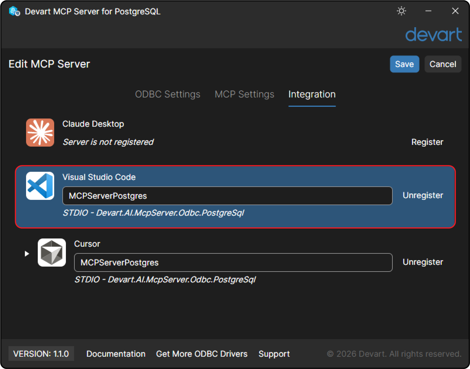Devart MCP Server integration tab with Visual Studio Code selected